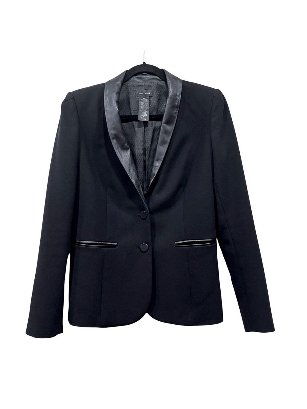 Lord & Taylor Black Leather Detail Structured Blazer with Notched Lapels 8